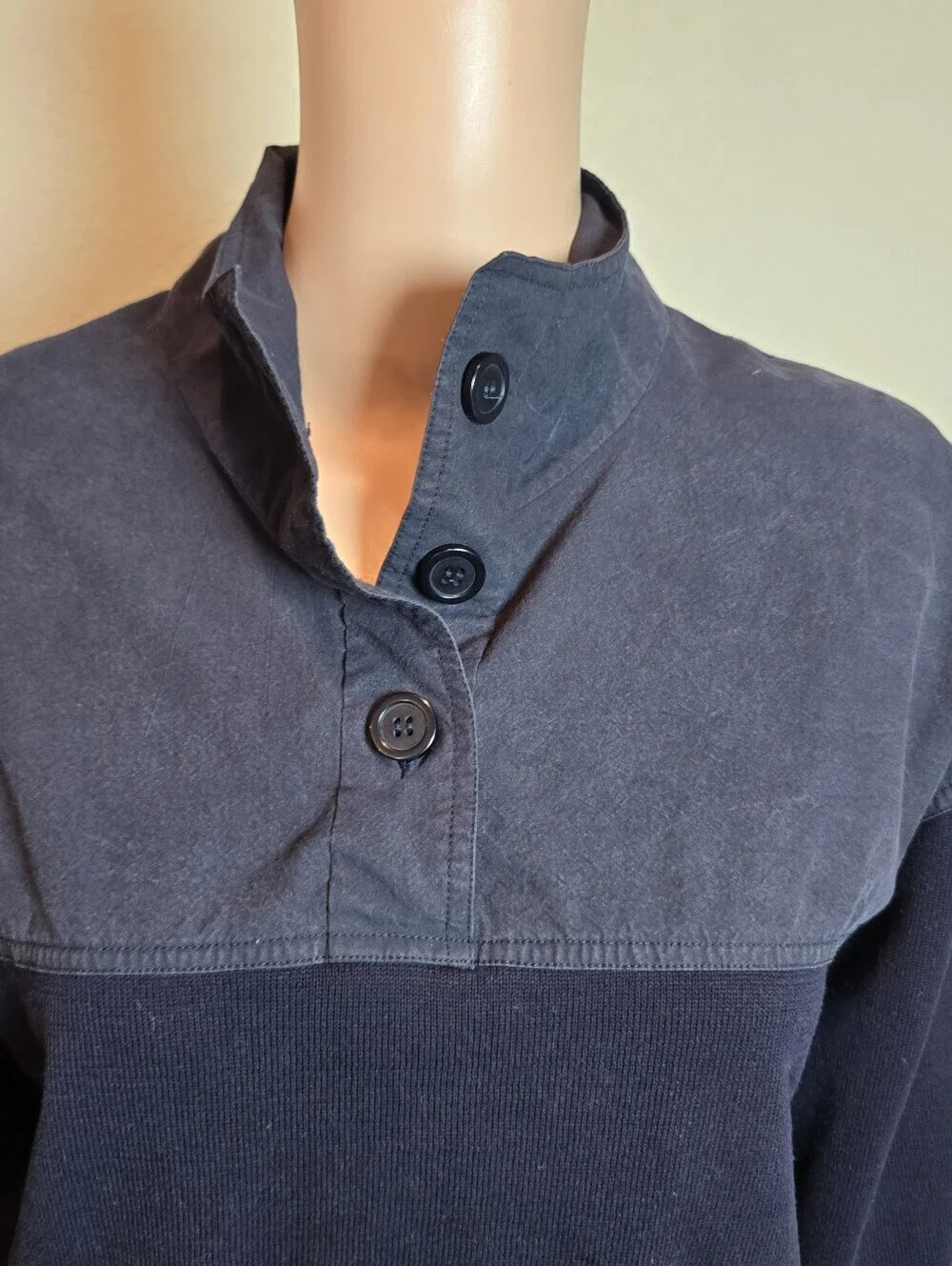 COS Small  navy colorblock button up quarter button long sleeve sweater